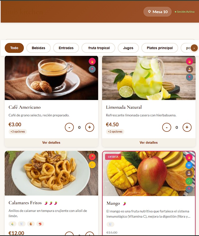 Vista general del menu digital en un dispositivo movil